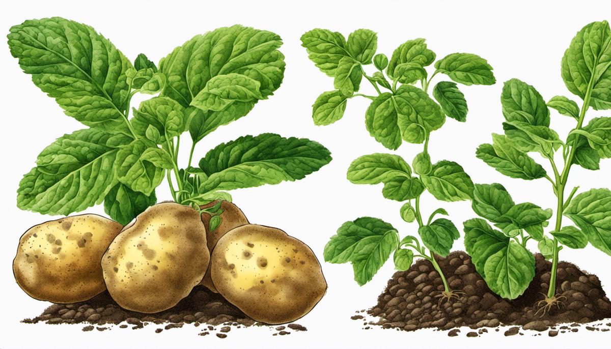 Illustration of a potato plant at different stages of its life cycle