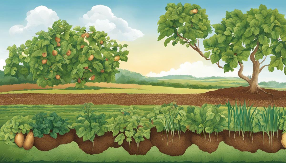 Illustration of the life cycle of potato plants, depicting seed potatoes, vegetative growth, tuber initiation, tuber bulking, and tubers harvest.