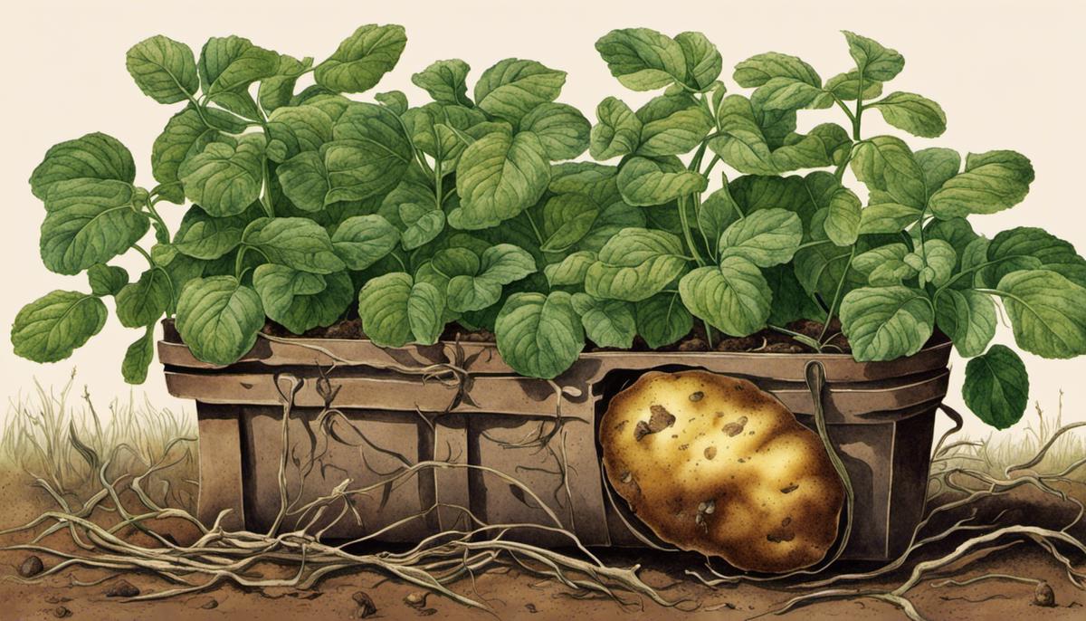 Illustration of a potato plant with wilting leaves, brown and rotting stems, and internal tissues turning brown in cases of bacterial wilt.