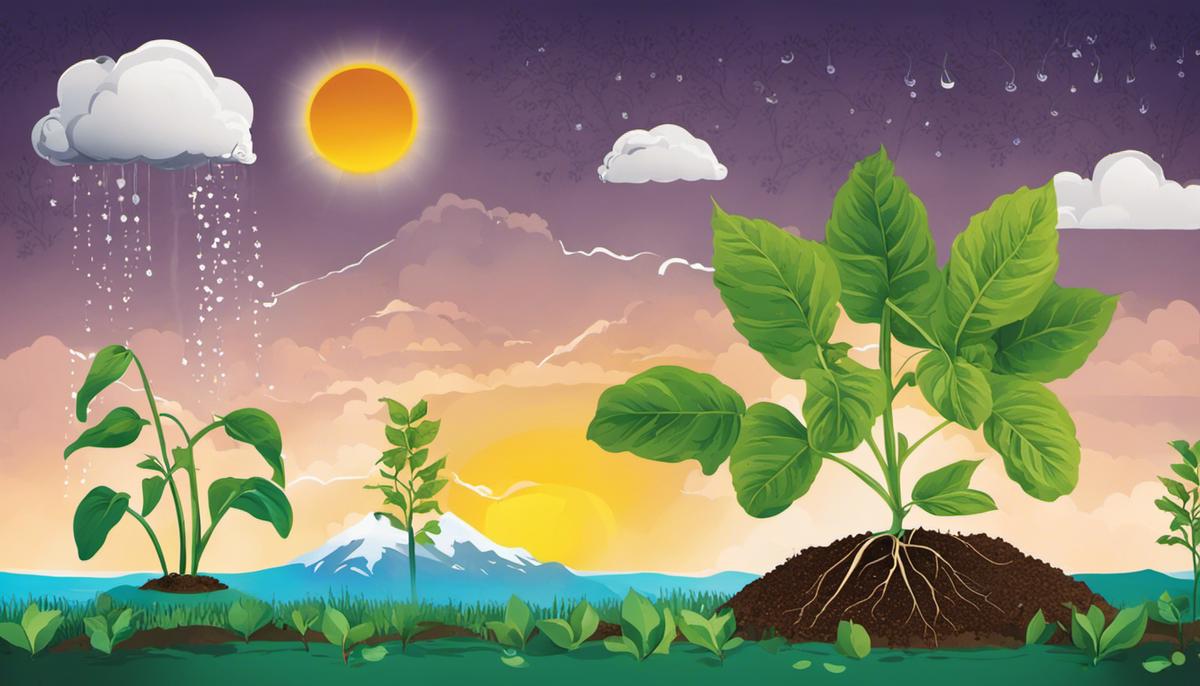 Illustration showing a potato plant and climate change symbols representing temperature and rainfall changes.