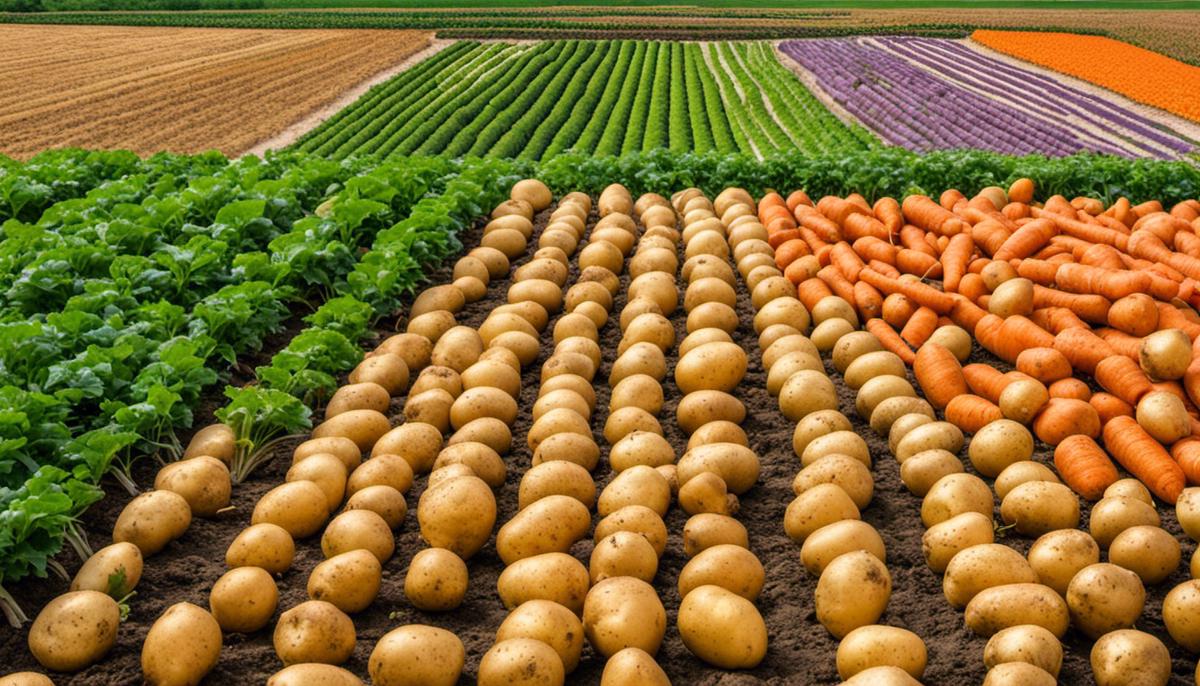 A field of crops with alternating sections of potatoes, carrots, and onions, representing the concept of crop rotation.