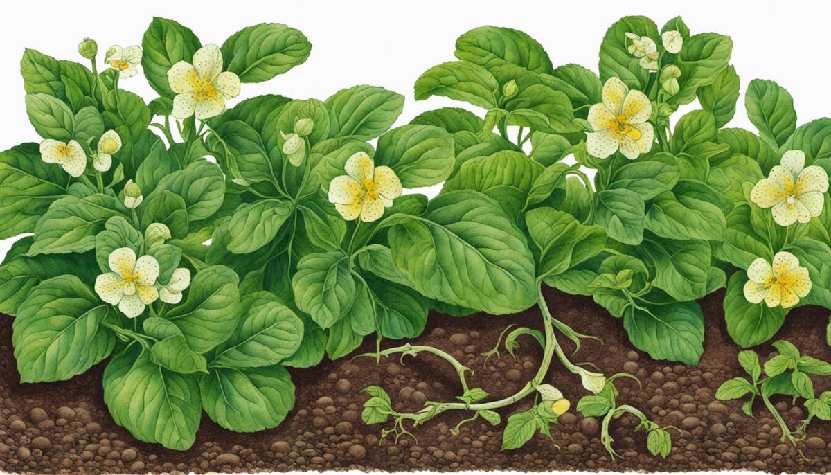 Illustration of a potato plant with early flowering, showing the different causes and solutions mentioned in the text.