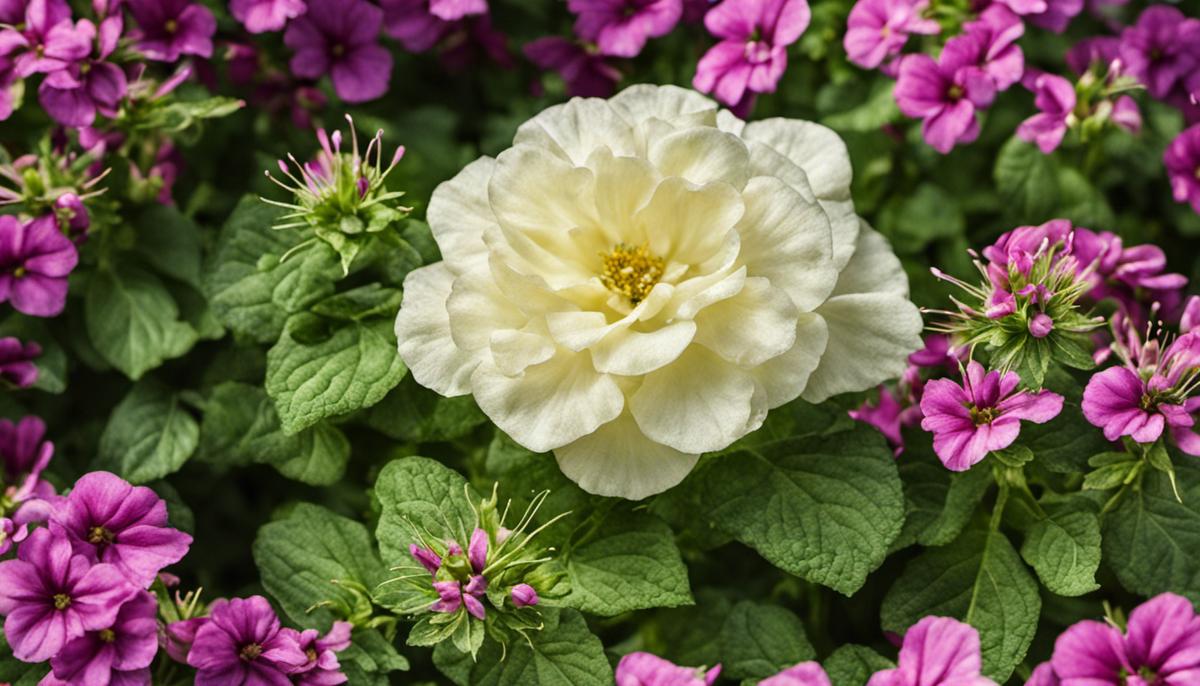 An image depicting a healthy potato plant in full bloom with flowers.