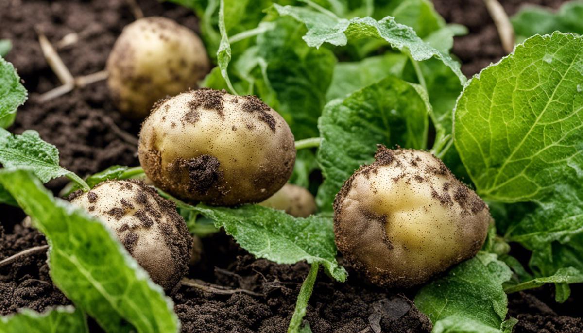 An image showing the signs of frost damage on potato plants, including darkened leaves, damaged tubers, and altered growth patterns.