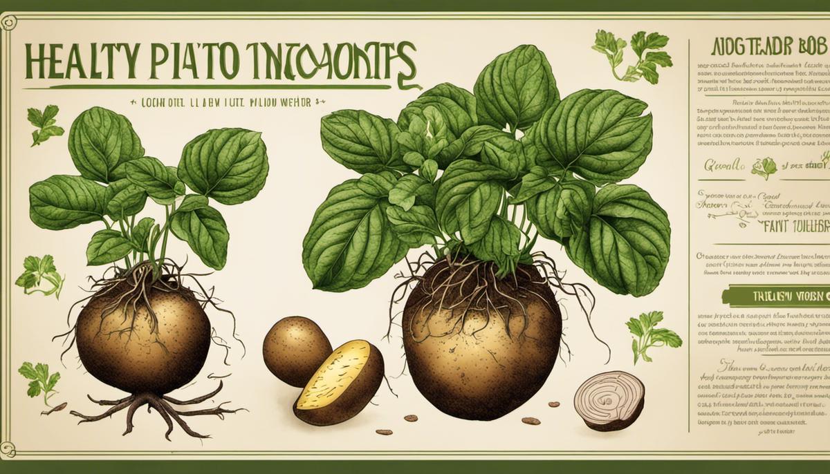 Illustration of a healthy potato plant with labeled roots, leaves, and tubers.