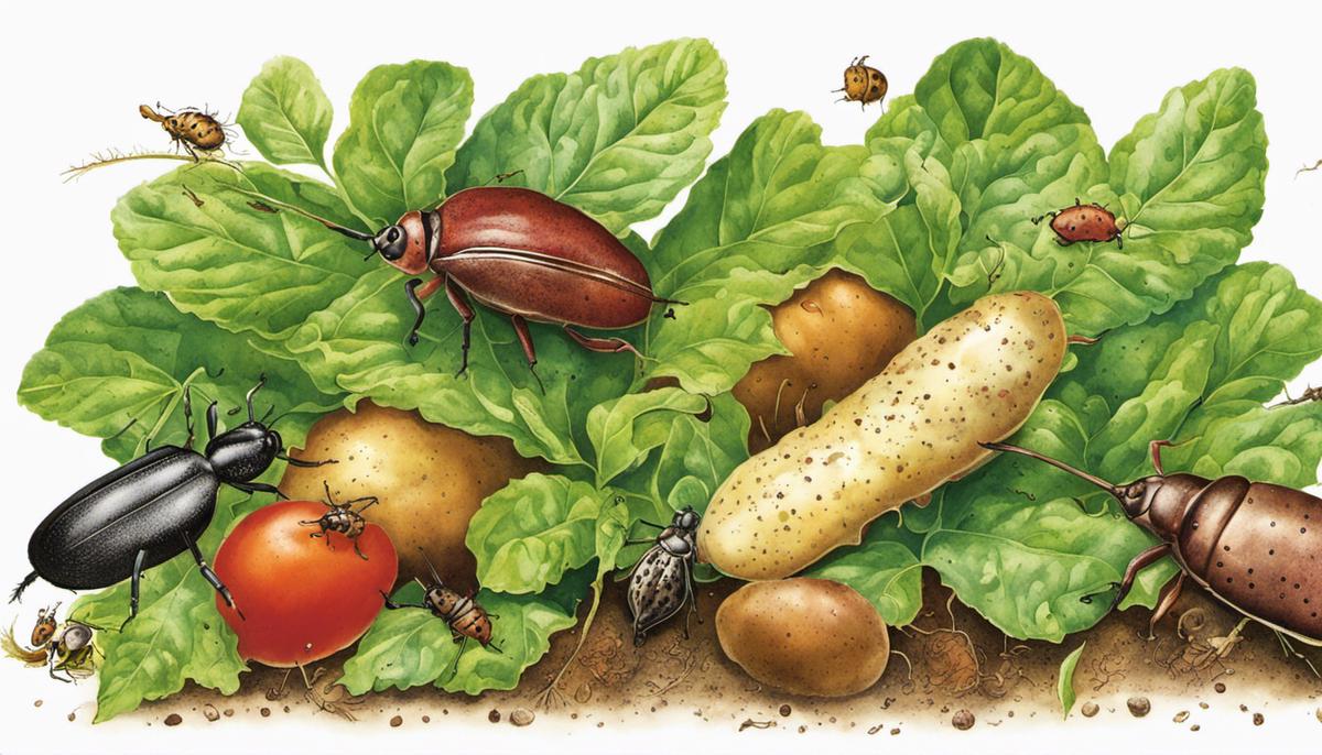 Illustration of pests and their impact on potato plants, showing beetles, aphids, grubs, wireworms, nematodes, and slugs damaging the plants and tubers