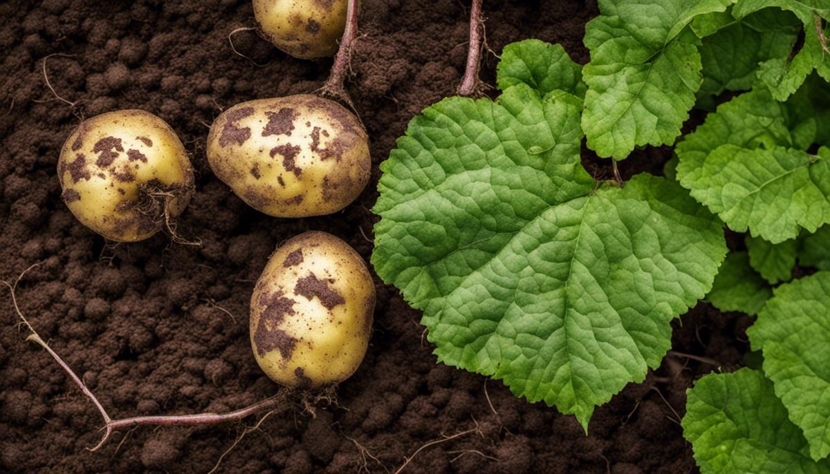 A close-up image of diseased potato plants showing the dark patches on leaves and reddish-brown, firm tubers.