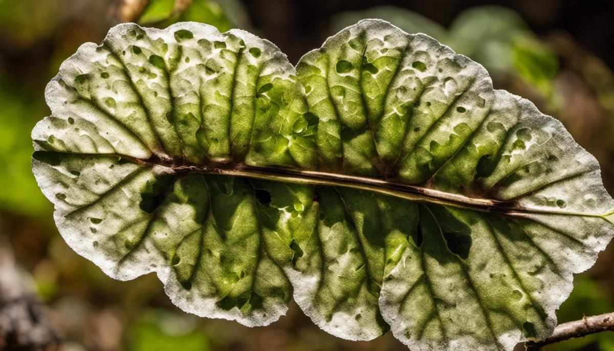 Image depicting potato blight, with dark blotches on leaves and tubers surrounded by a lighter halo, and a white fungal growth on the underside of the blotches.