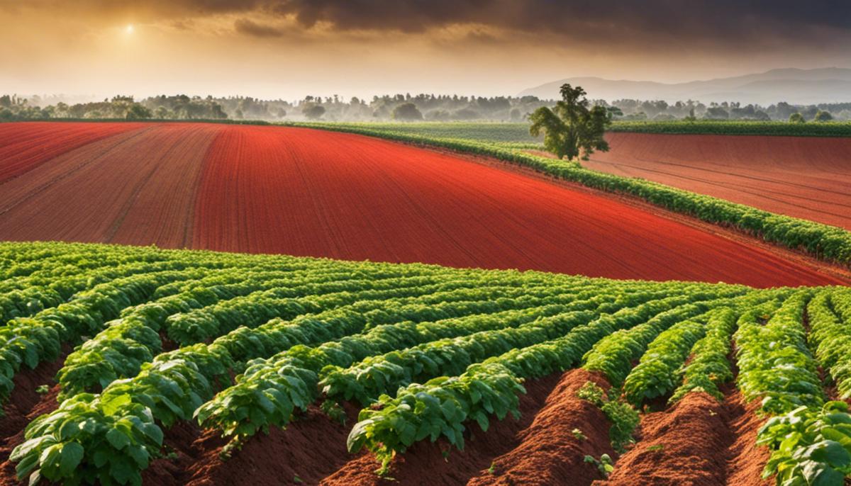 A field of potato crops with red soils in the background.