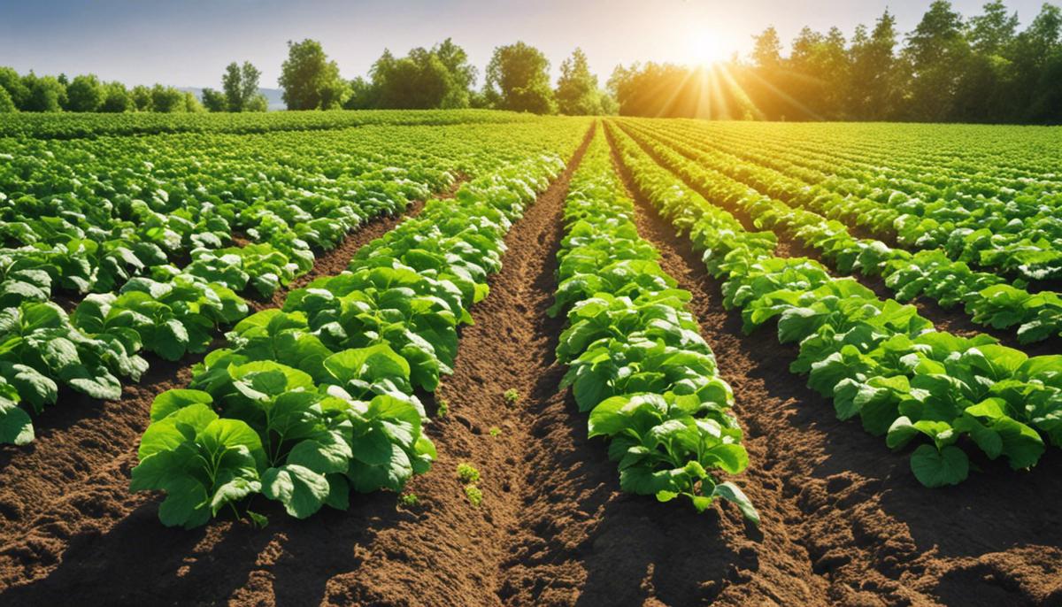 A photo of a potato field with healthy plants thriving in optimal weather conditions.