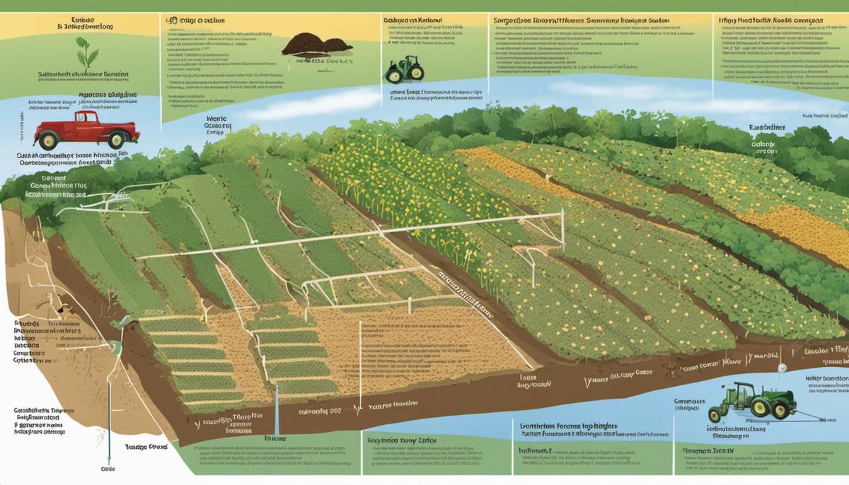 Diagram showing common potato diseases: early blight and late blight, as well as pest infestations and the importance of soil quality and watering regimen for potato plant health.