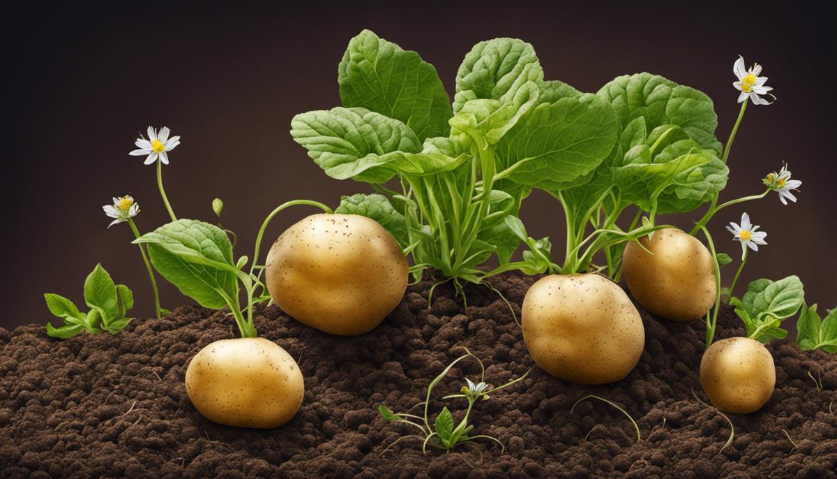 Illustration of a potato plant flowering stage and tubers growing beneath the soil