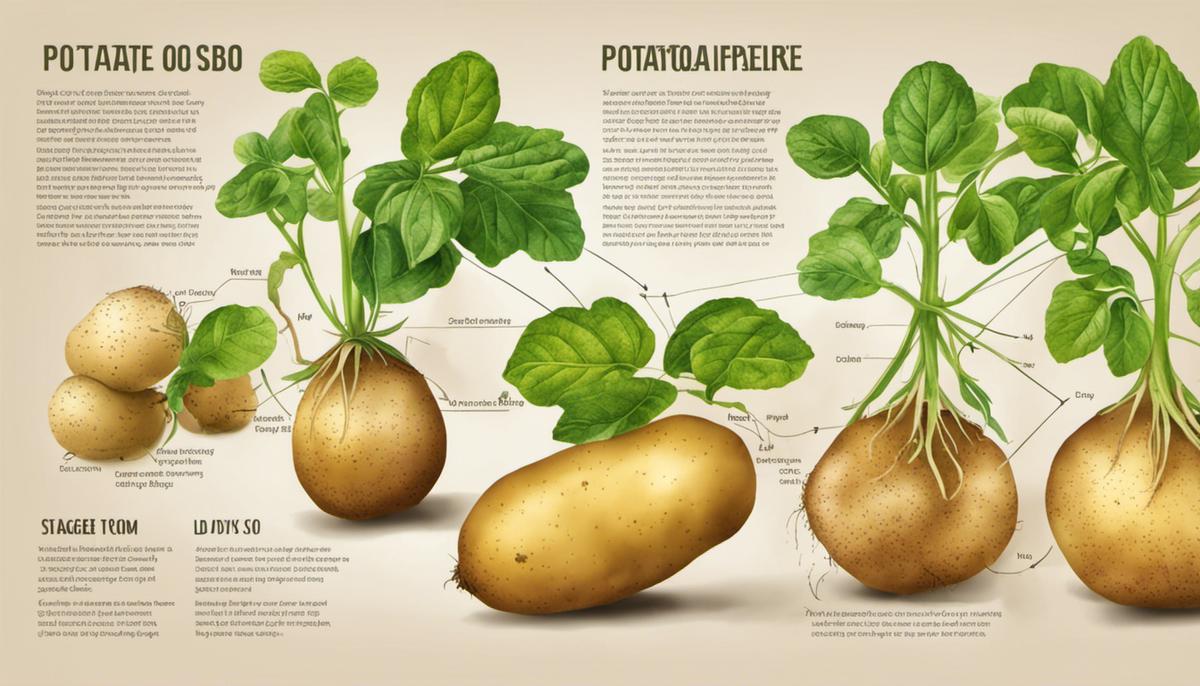 Diagram of a potato life cycle, showing the stages from sprouting to dying back.