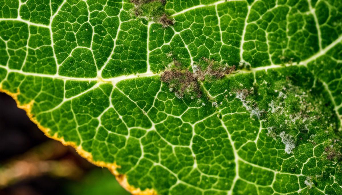 A close-up image showing mold growth on a potato plant leaf.