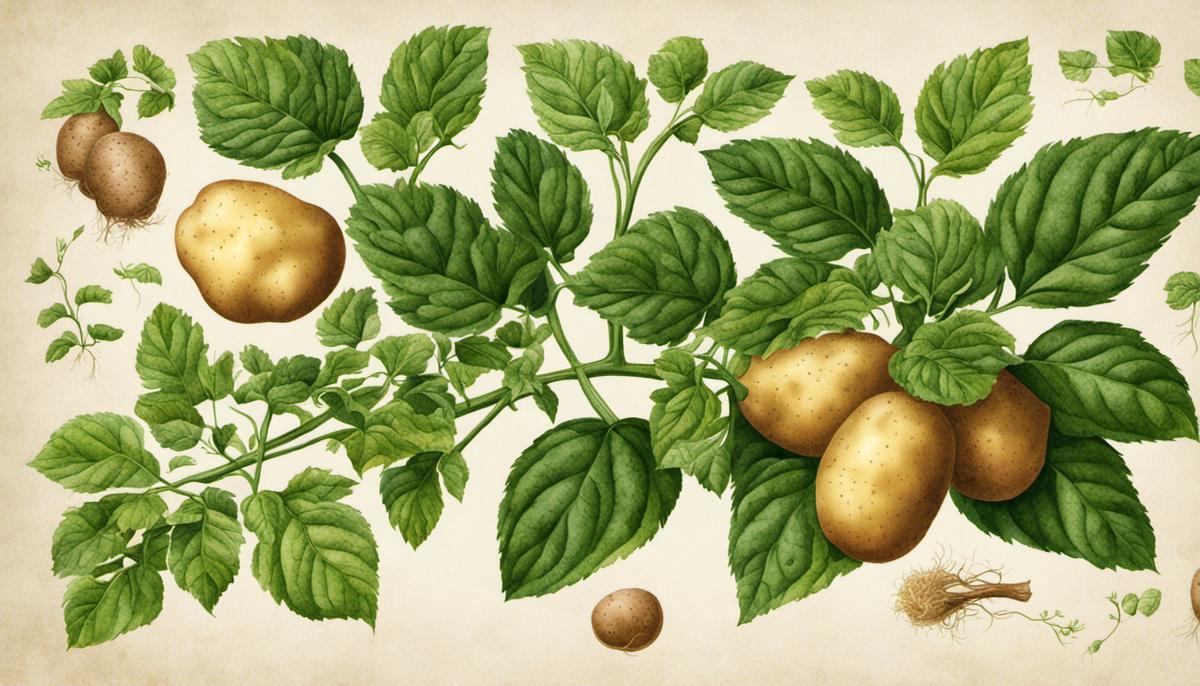 Illustration of a potato plant showing leaves, stems, roots, and tubers