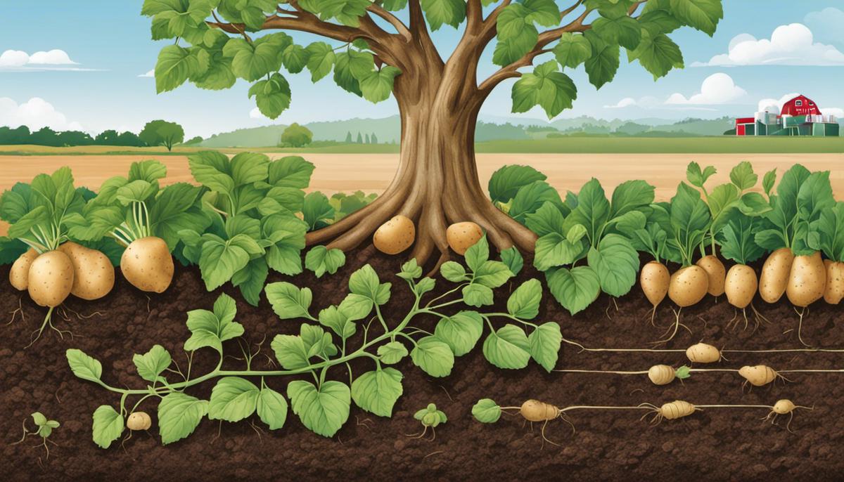 Illustration of the life cycle of a potato plant, showing the progression from planting potato tubers to flowering and eventually harvesting the tubers.