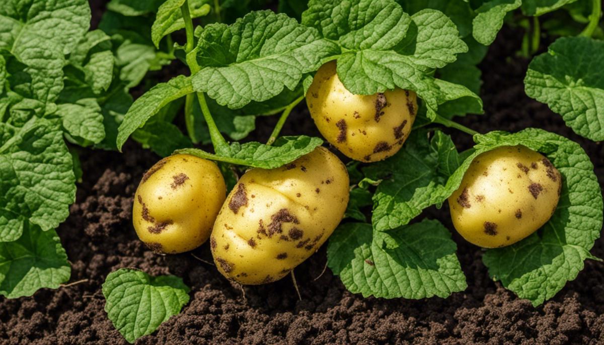 An image showing the symptoms of nutrient deficiencies in potato plants, with examples of yellowing leaves, purpling, and necrosis.