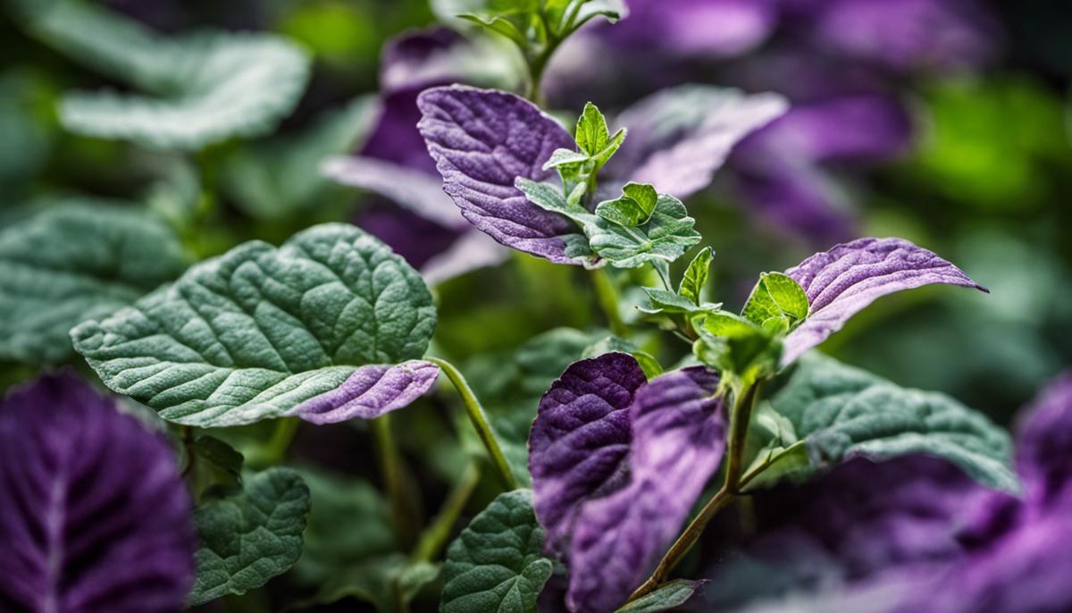 A close-up image of a potato plant with purple leaves, indicating a potential nutrient imbalance or disease infection.