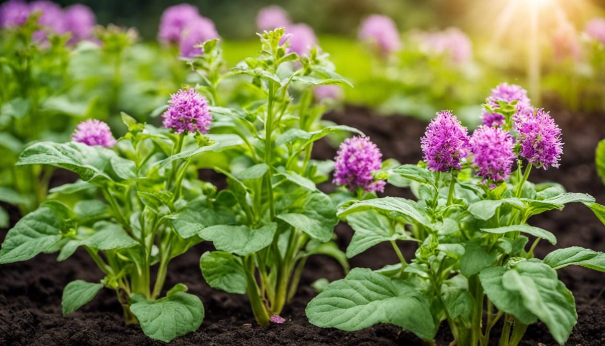 Healthy potato plants after flowering in a garden bed with dashes instead of spaces