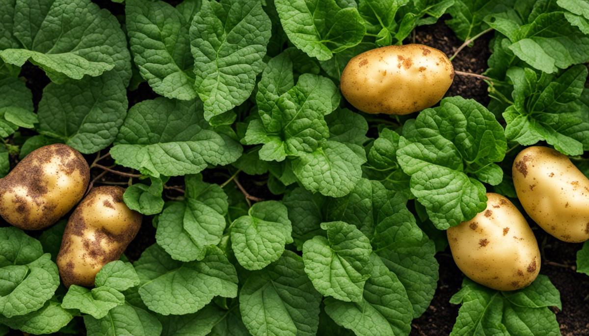 Image of potato plants showing nutrient deficiencies and their impact on the leaves and tubers