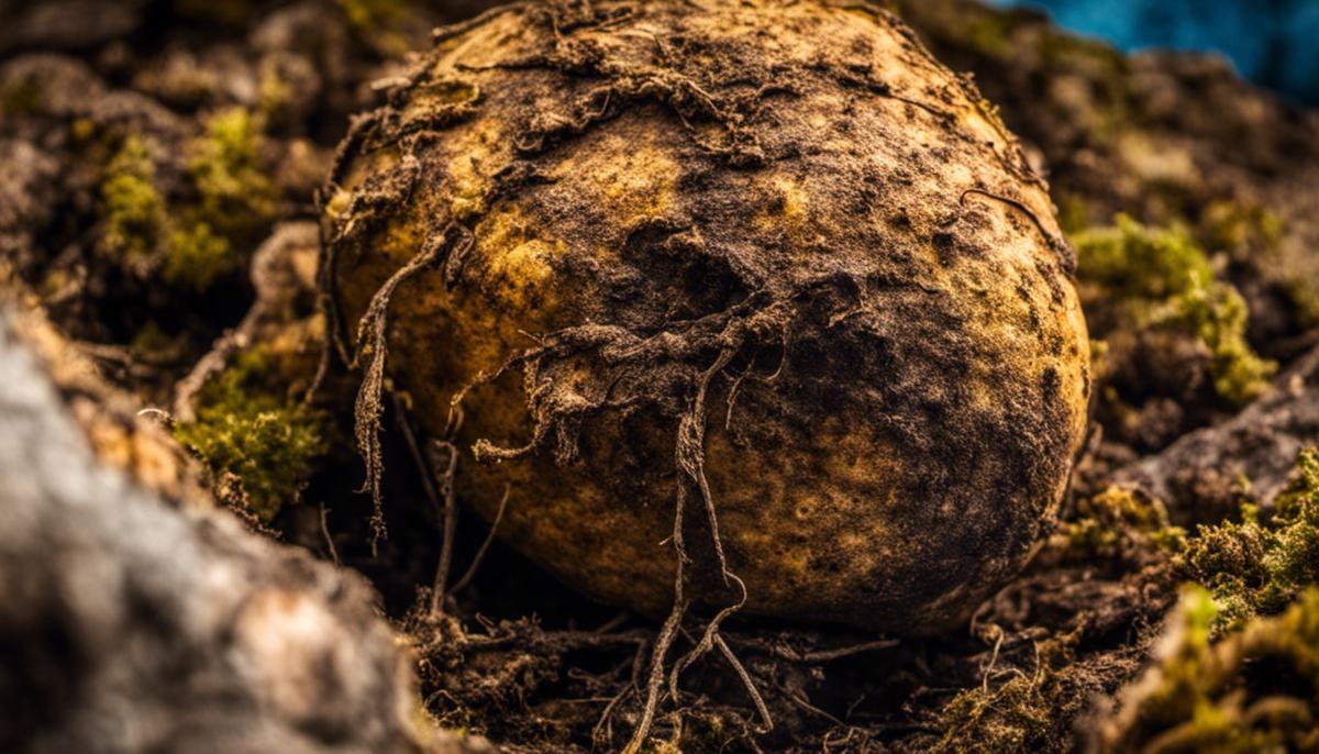 Close-up image of a decayed potato covered in rot and mold, showcasing the effects of potato rot.