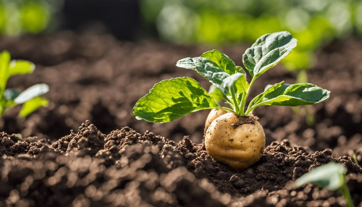 A close-up image of large, healthy potato tubers growing in the soil.