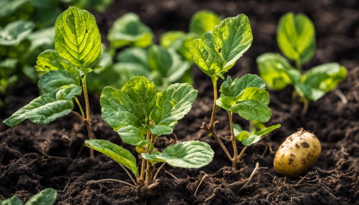 Image of a potato plant infected with diseases, showing wilting leaves and spots on the potatoes.