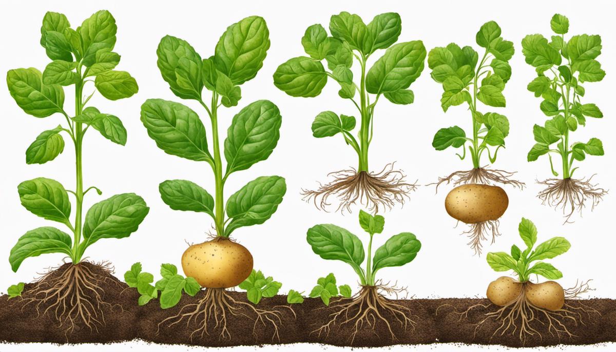 Diagram illustrating the stages of potato growth, from sprouting to maturity.