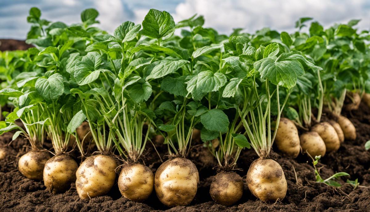 An image showing a healthy potato plant with full-grown tubers.