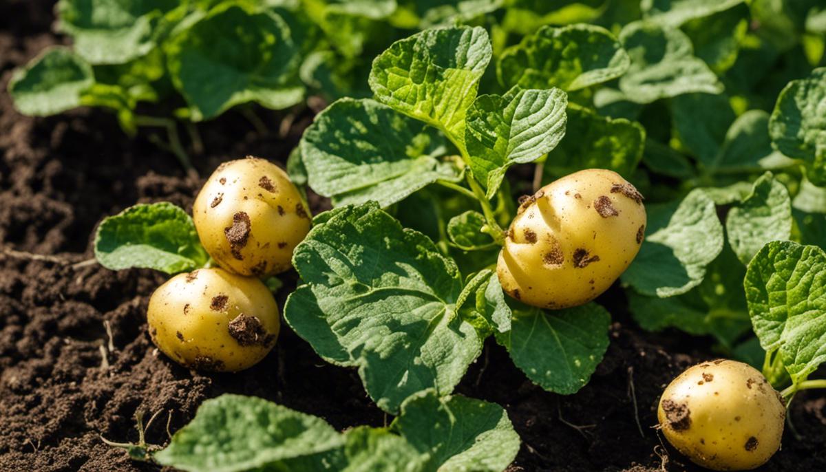 Image describing the symptoms and causes of stunted growth in potato plants. The image shows a small potato plant with yellowing leaves and spots, representing the typical signs of stunted growth.