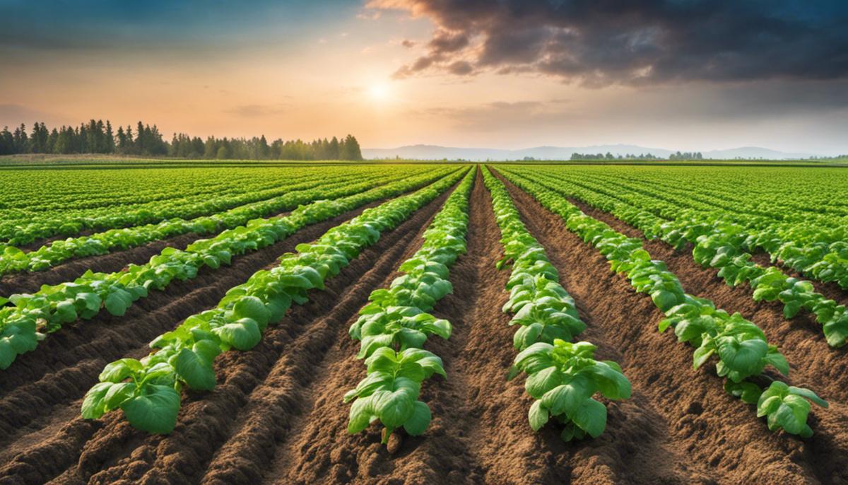 An image of a potato field with healthy plants growing in well-prepared soil.