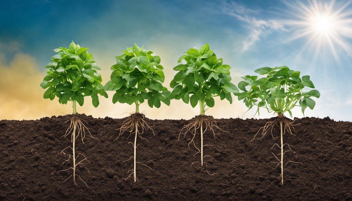 Image illustrating the relationship between soil pH and potato plants, showing different soil types and their impact on plant health and growth.