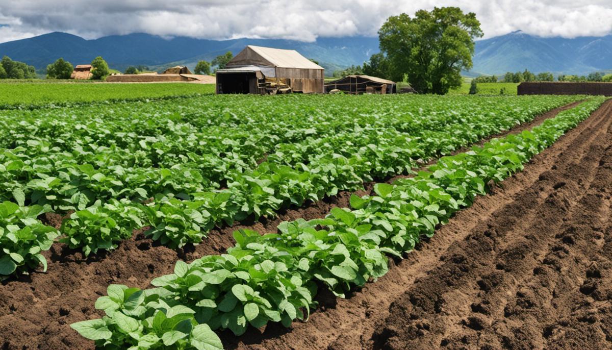 A photo showing stunted potato plants with small tubers due to inadequate watering, improper temperatures, poor soil quality, and pest/disease damage.