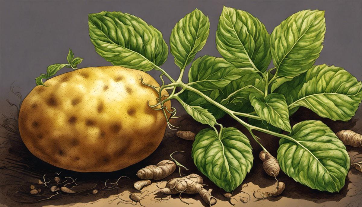 Illustration showing sunlight shining on a potato plant, with leaves and tubers.